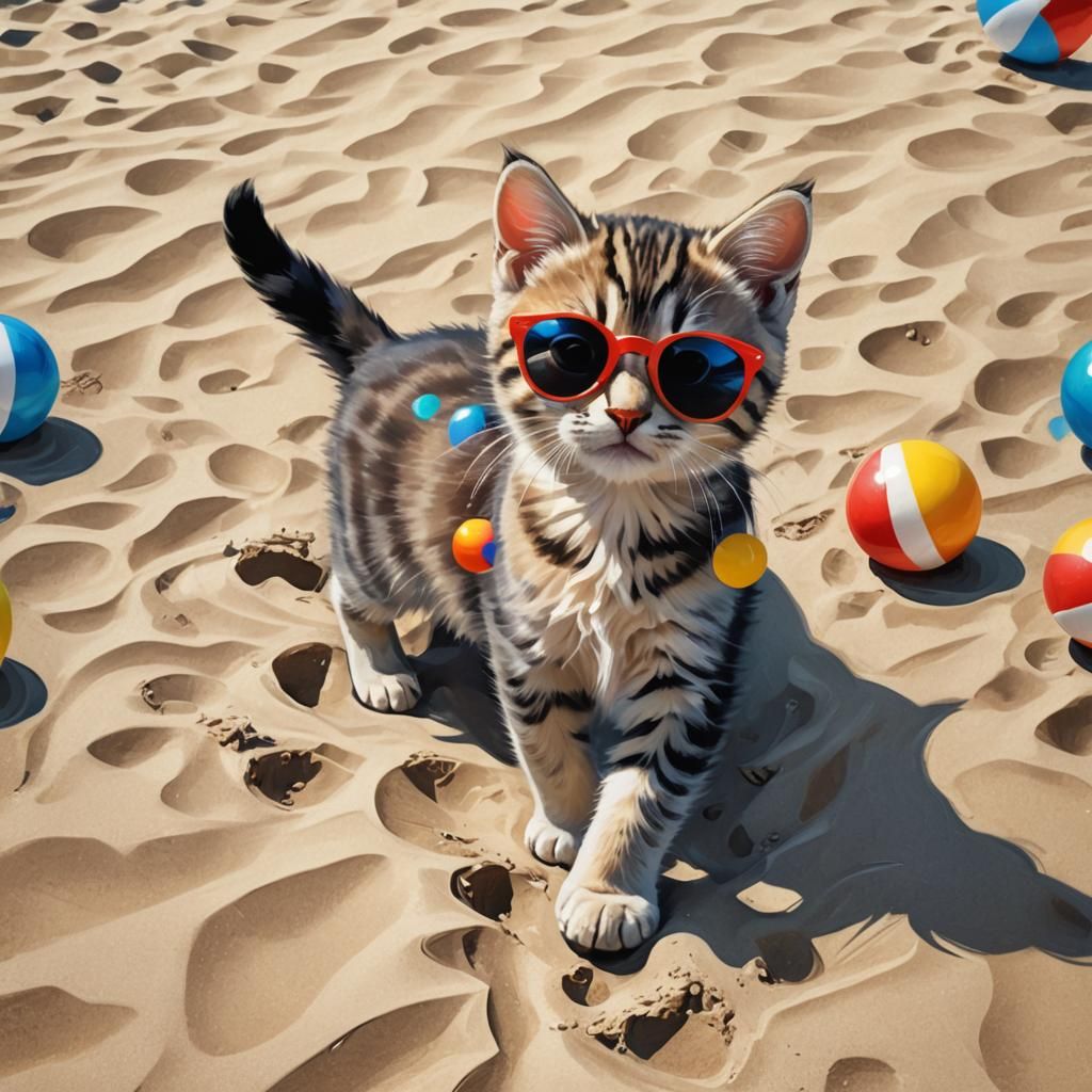 Kitten's Beach Day: A Vibrant Digital Painting