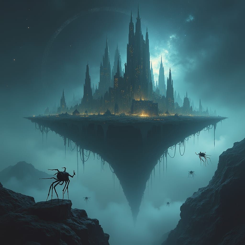 Surreal City Floating in Space With Bioluminescent Mist