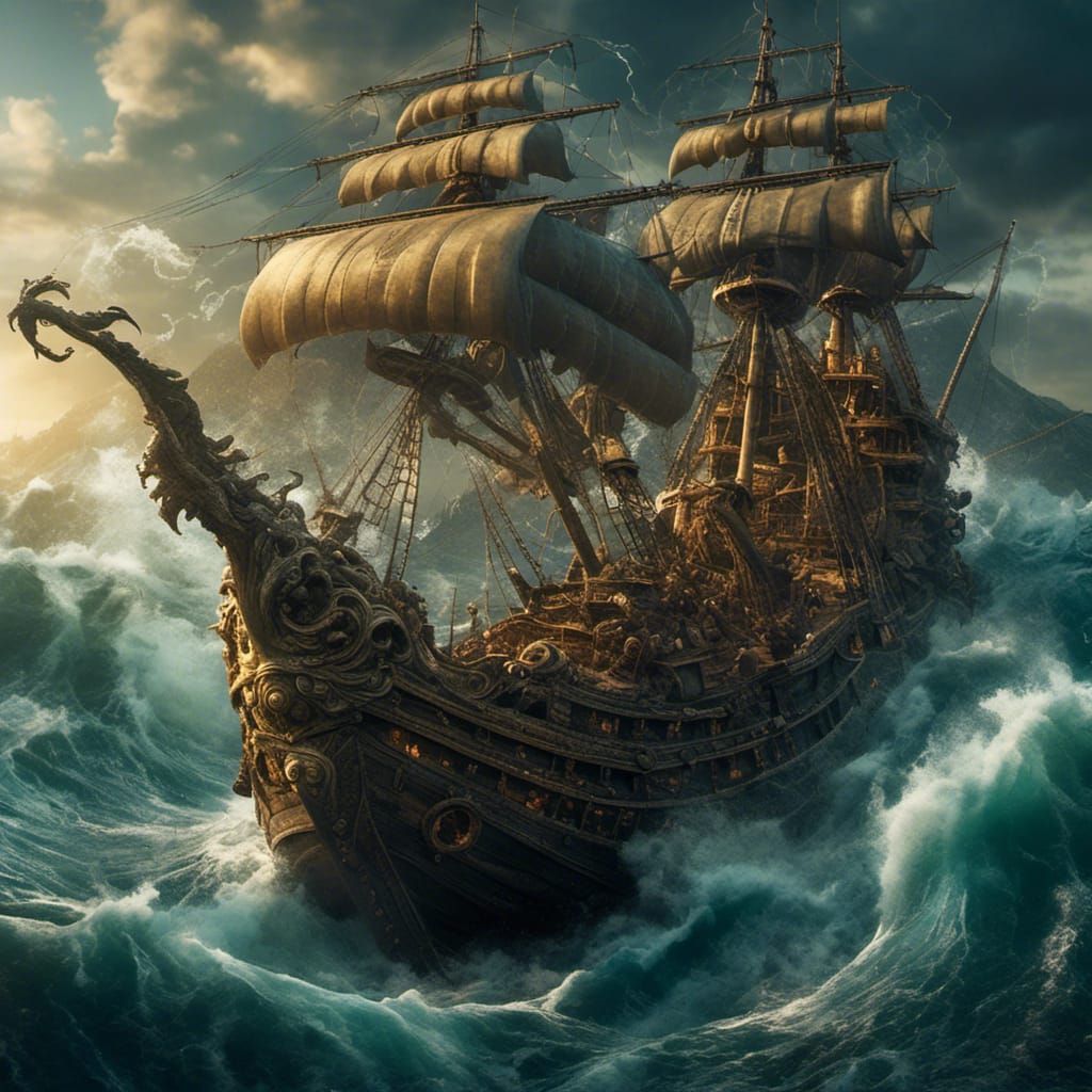 Sci-Fi Sea Monster Destroying Pirate Ship in Ocean