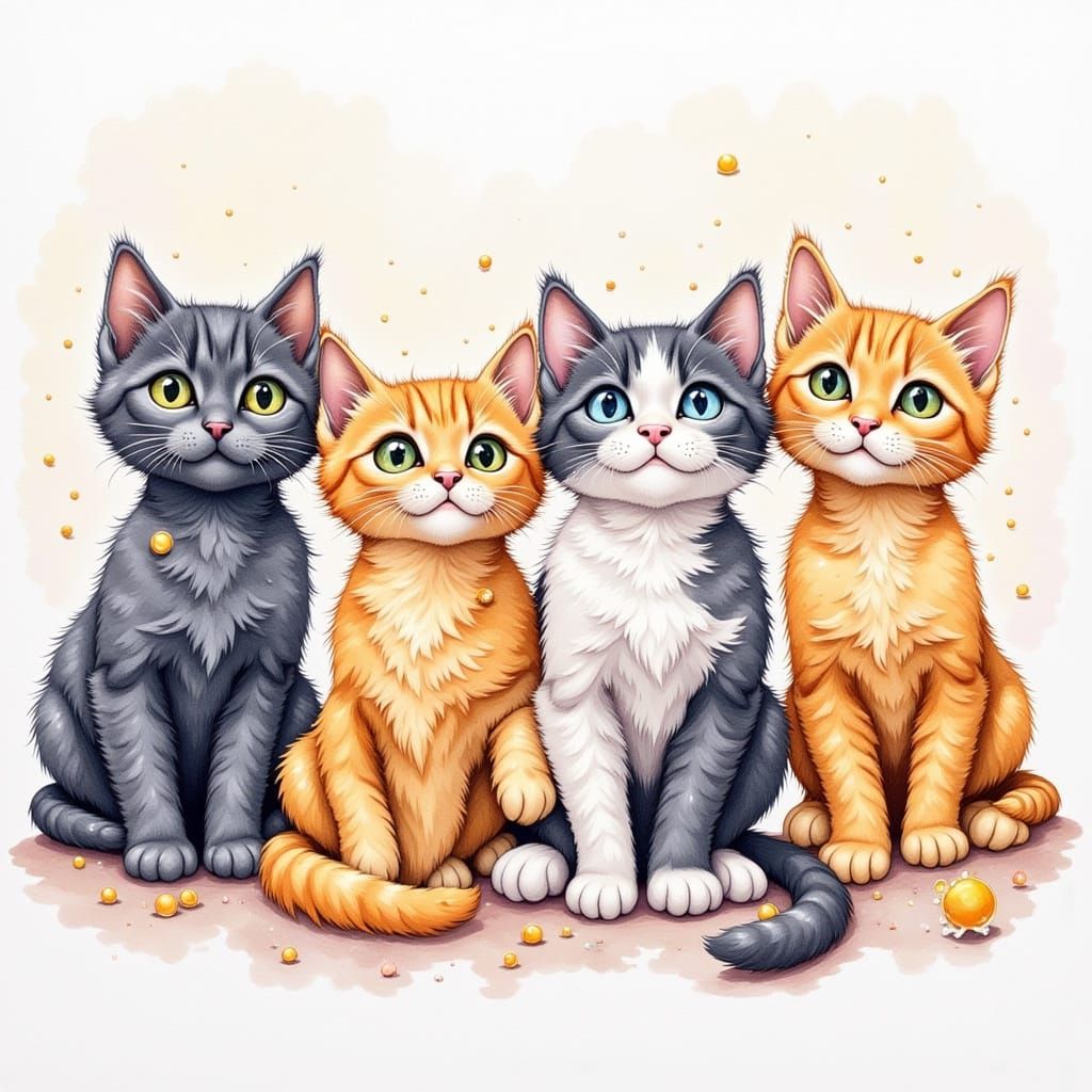 Four Whimsical Cats in Watercolor Style