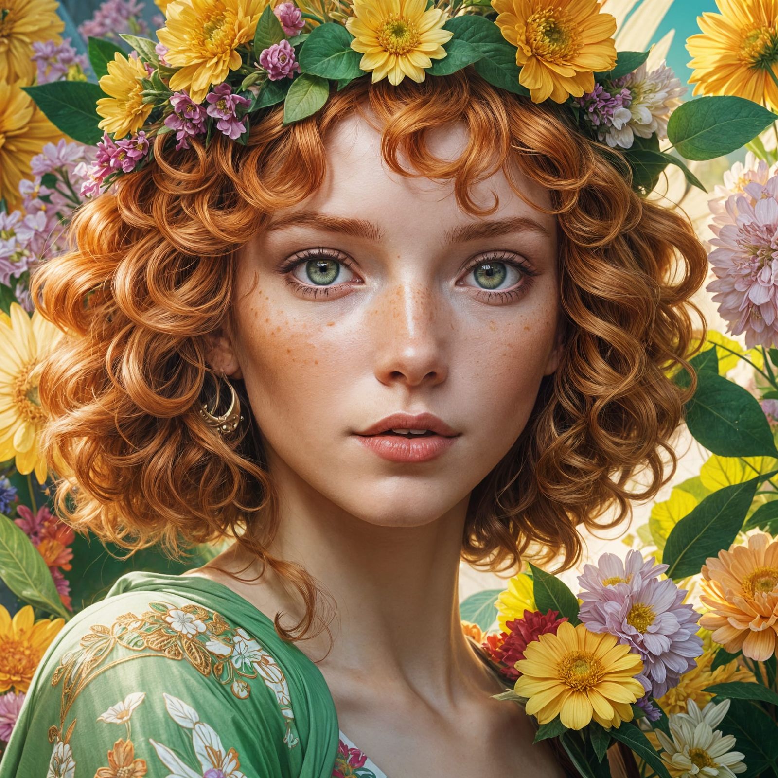 Ginger Woman with Flower Crown, Hyperdetailed Portrait