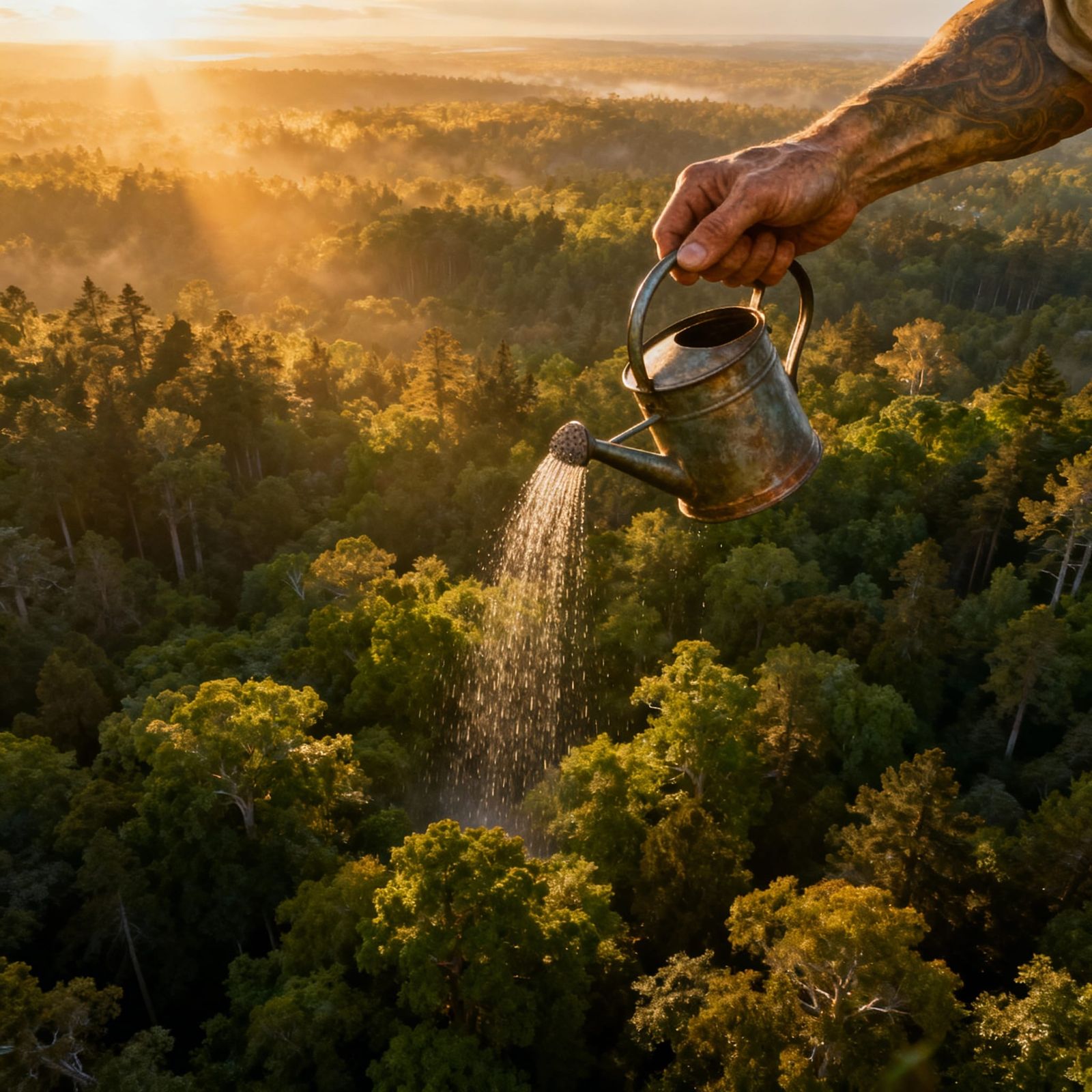 Giant Hand Nurtures Forest with Rain