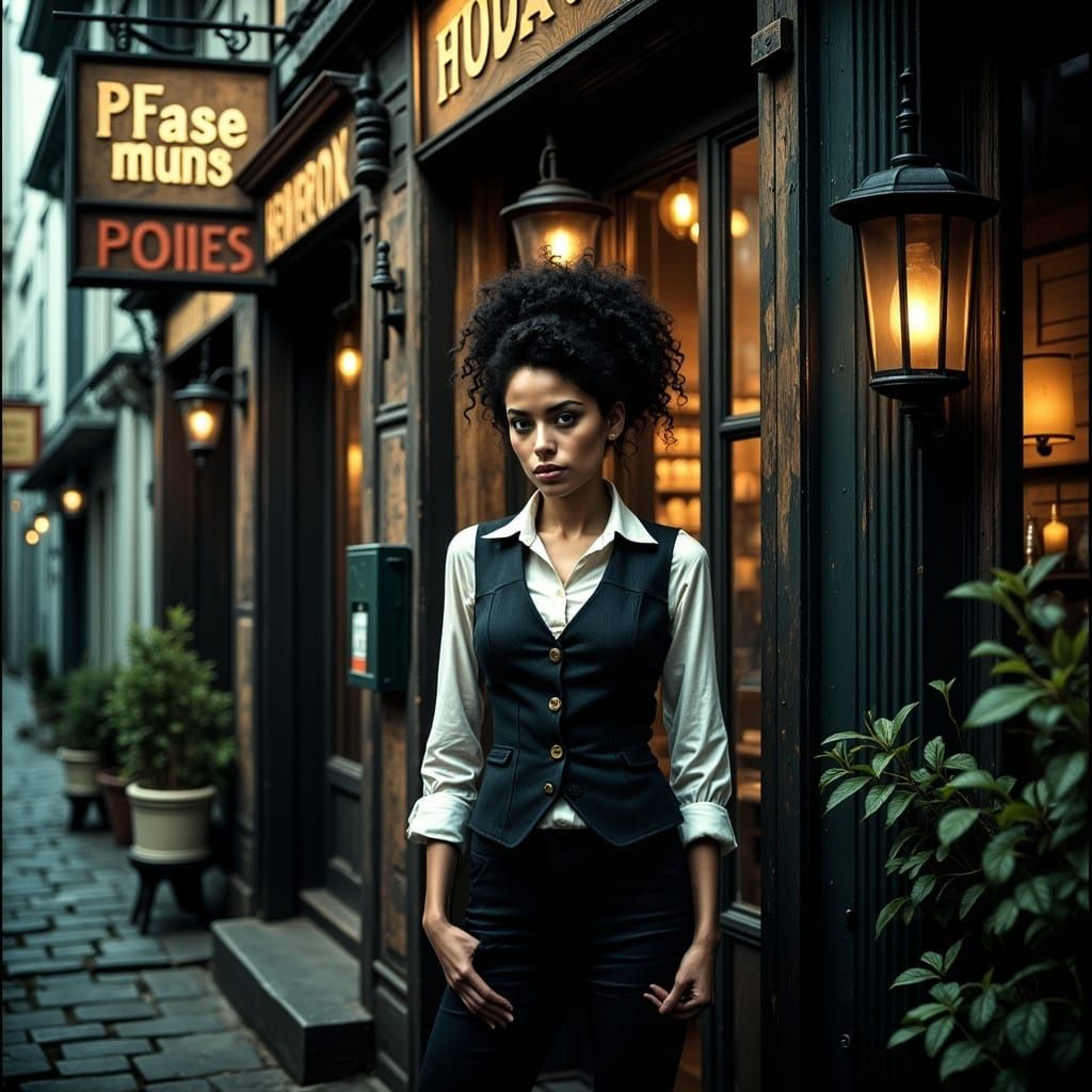 Woman Outside Pub in Cinematic Lighting