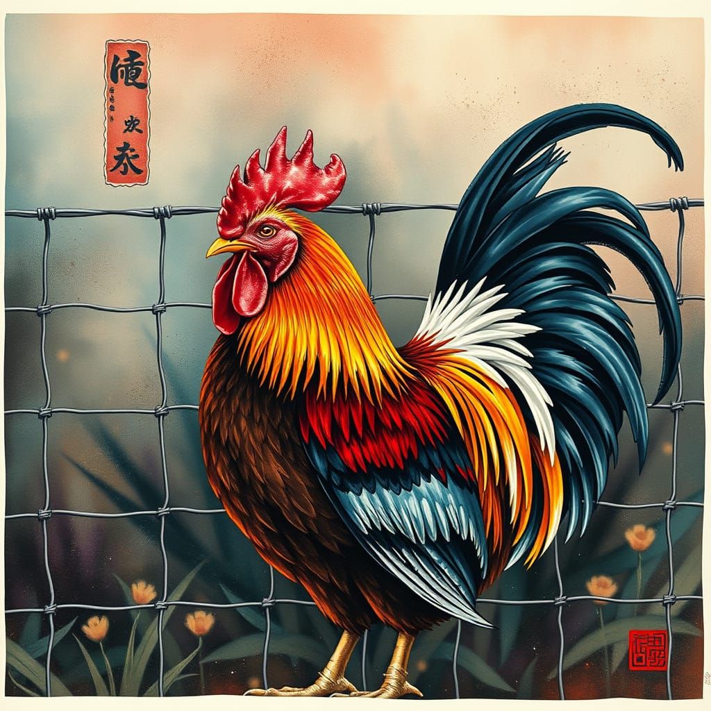 Vivid Gyotaku Rooster in Japanese Farm Landscape