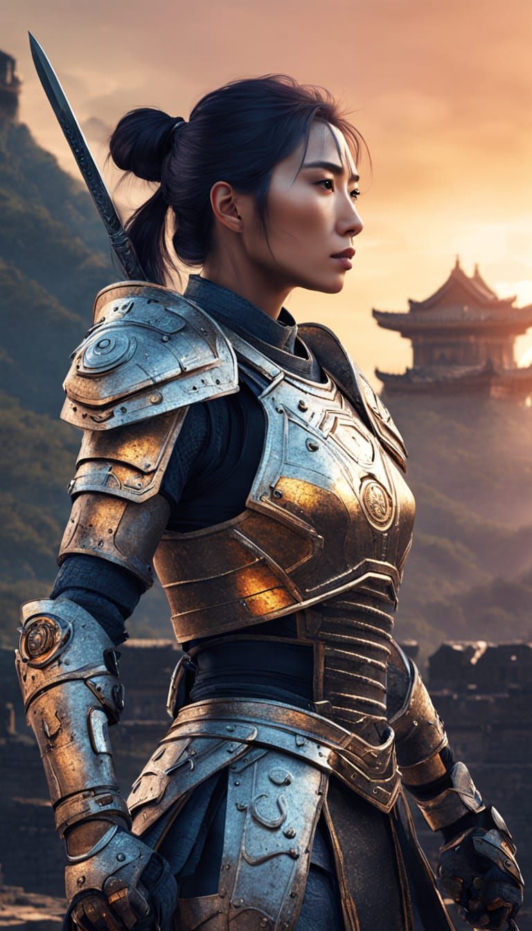 Futuristic Asian Warrior in Ancient Ruins Concept Art