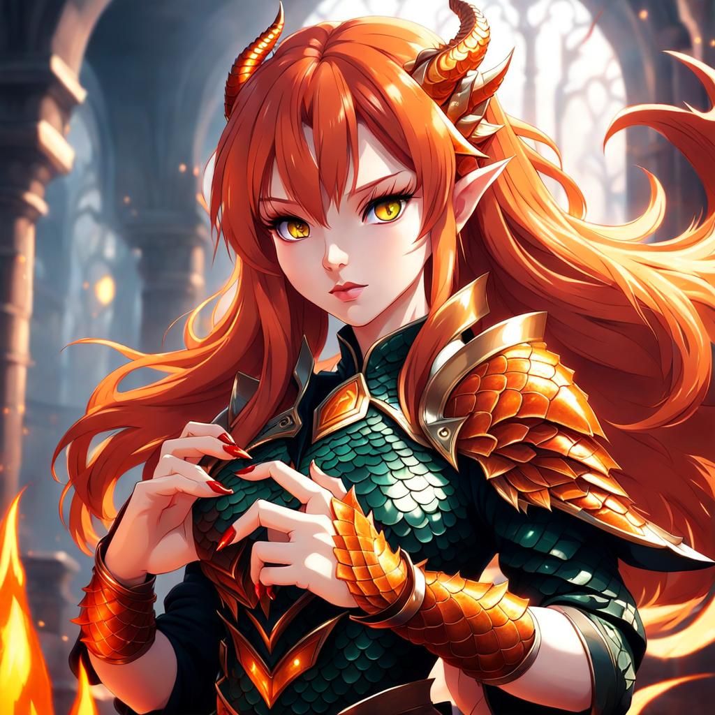 Draconic Woman with Red Hair in Anime Style