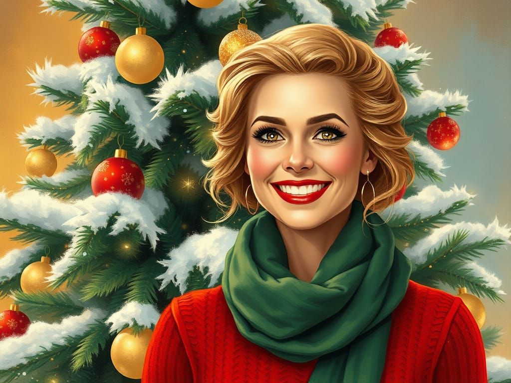 Vibrant Woman Surrounded by Whimsical Christmas Magic