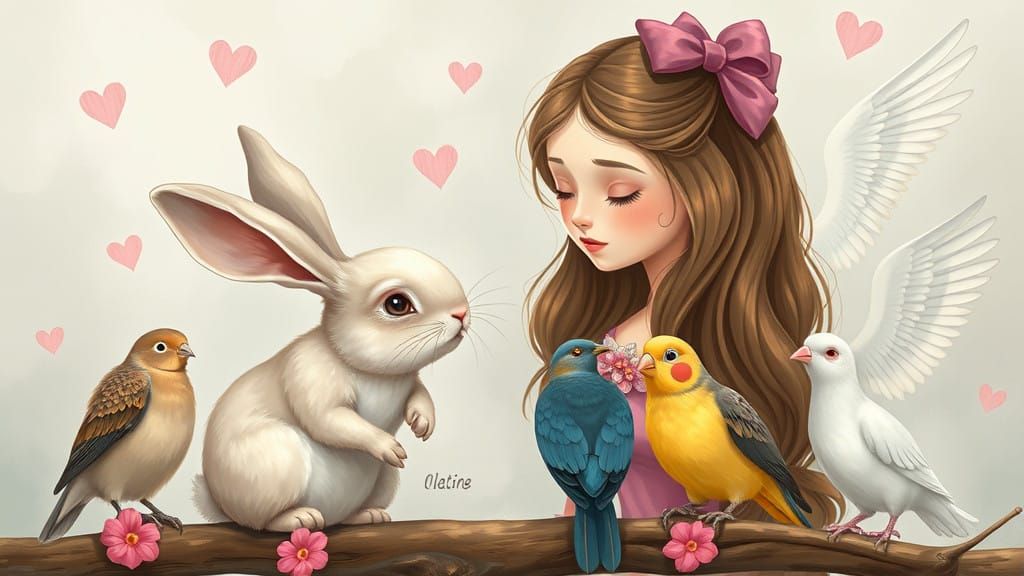 Loving Girl Surrounded by Adoring Animals