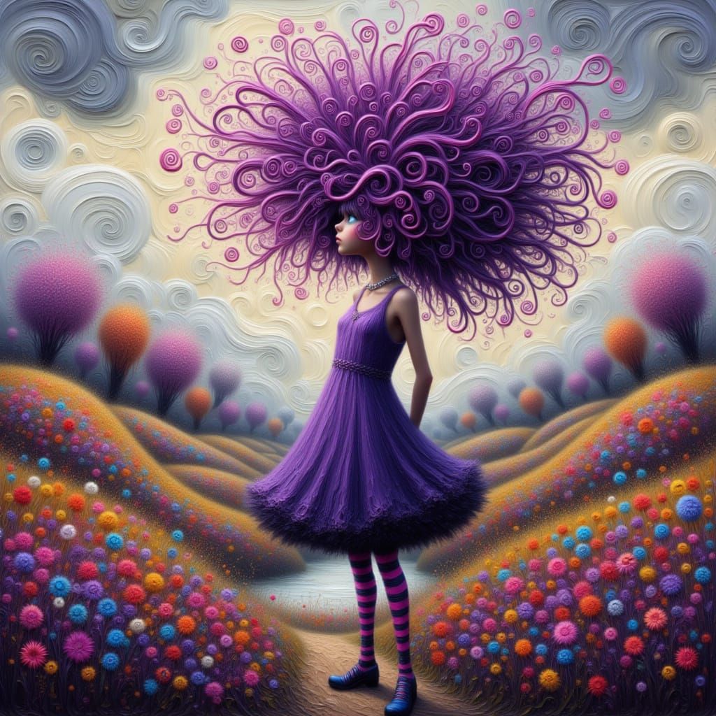 Whimsical Woman in Wildflower Field, Storybook Art