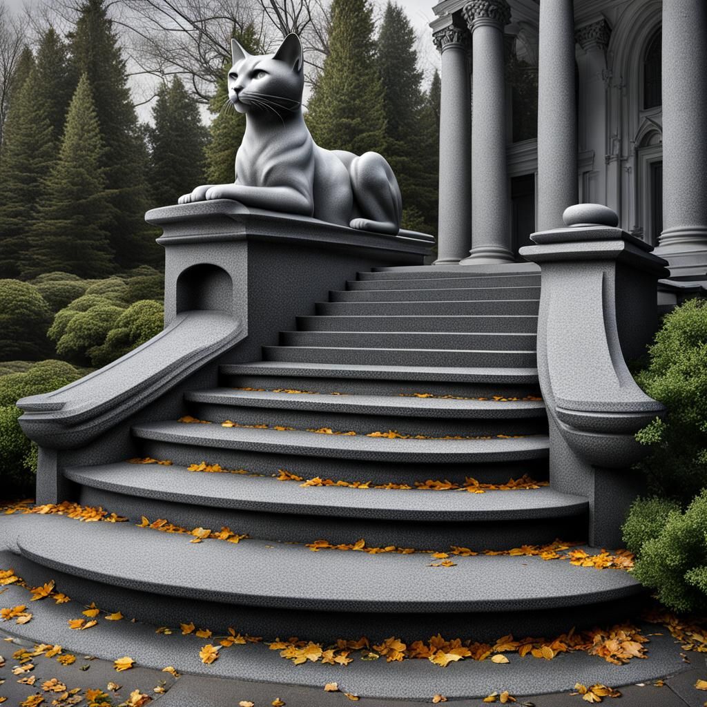 Granite Steps and Gray Cat on Cloudy Day