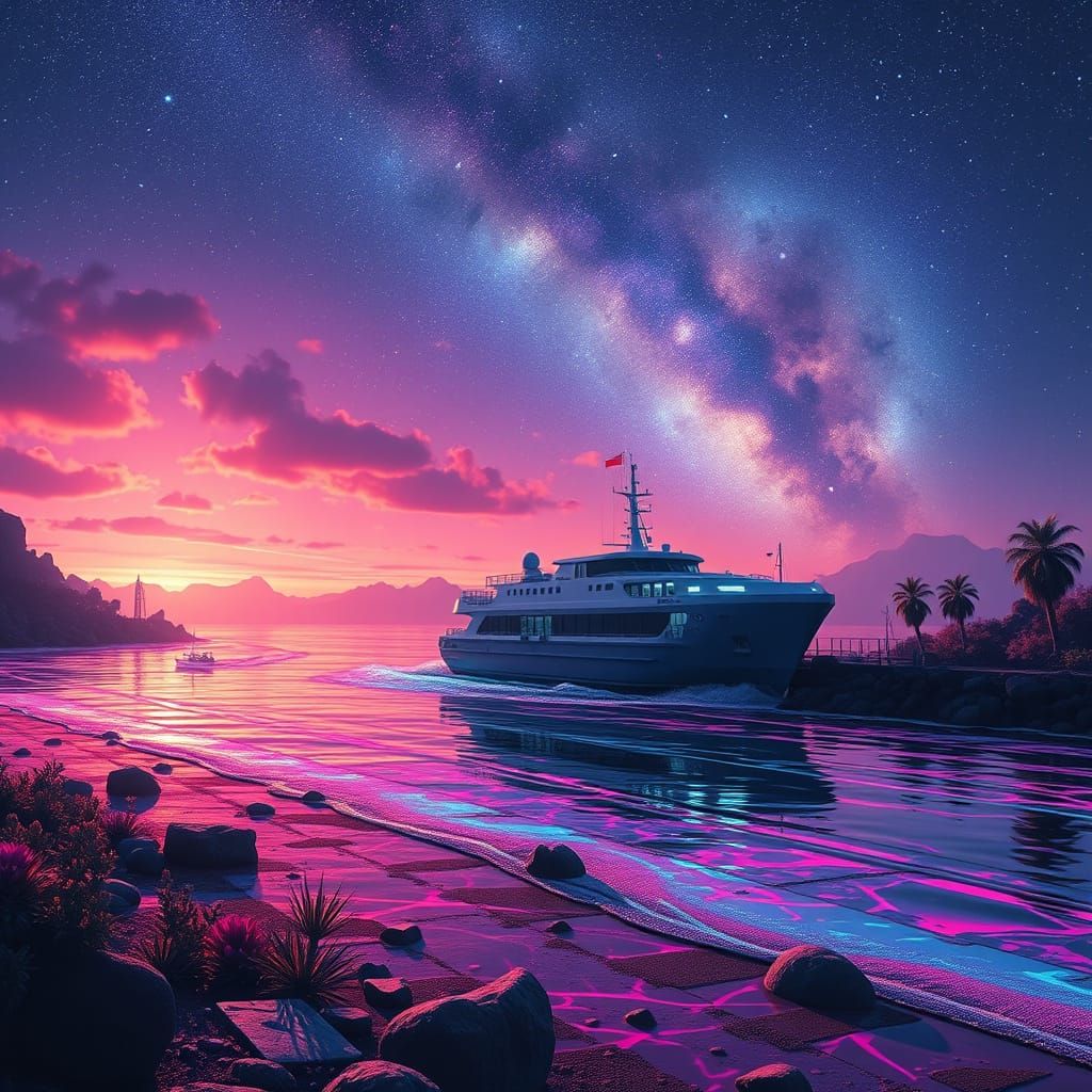 Galactic Ferry Docks on Exotic Planet Shore