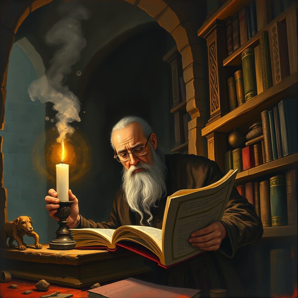 Scholar Studies Forbidden Texts in Candlelit Hidden Library