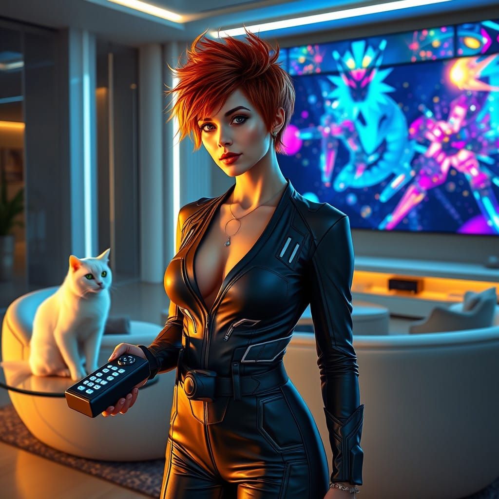 Woman in Futuristic Living Room with Holographic Remote Cont...