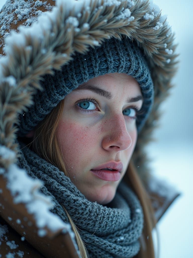 Hyperrealistic Portrait of a Female Explorer in a Blizzard