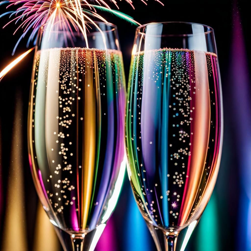 Rainbow Fireworks Explode in Champagne Flutes