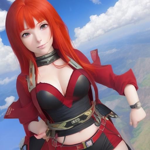 Giant Red-Haired Woman in Anime Style
