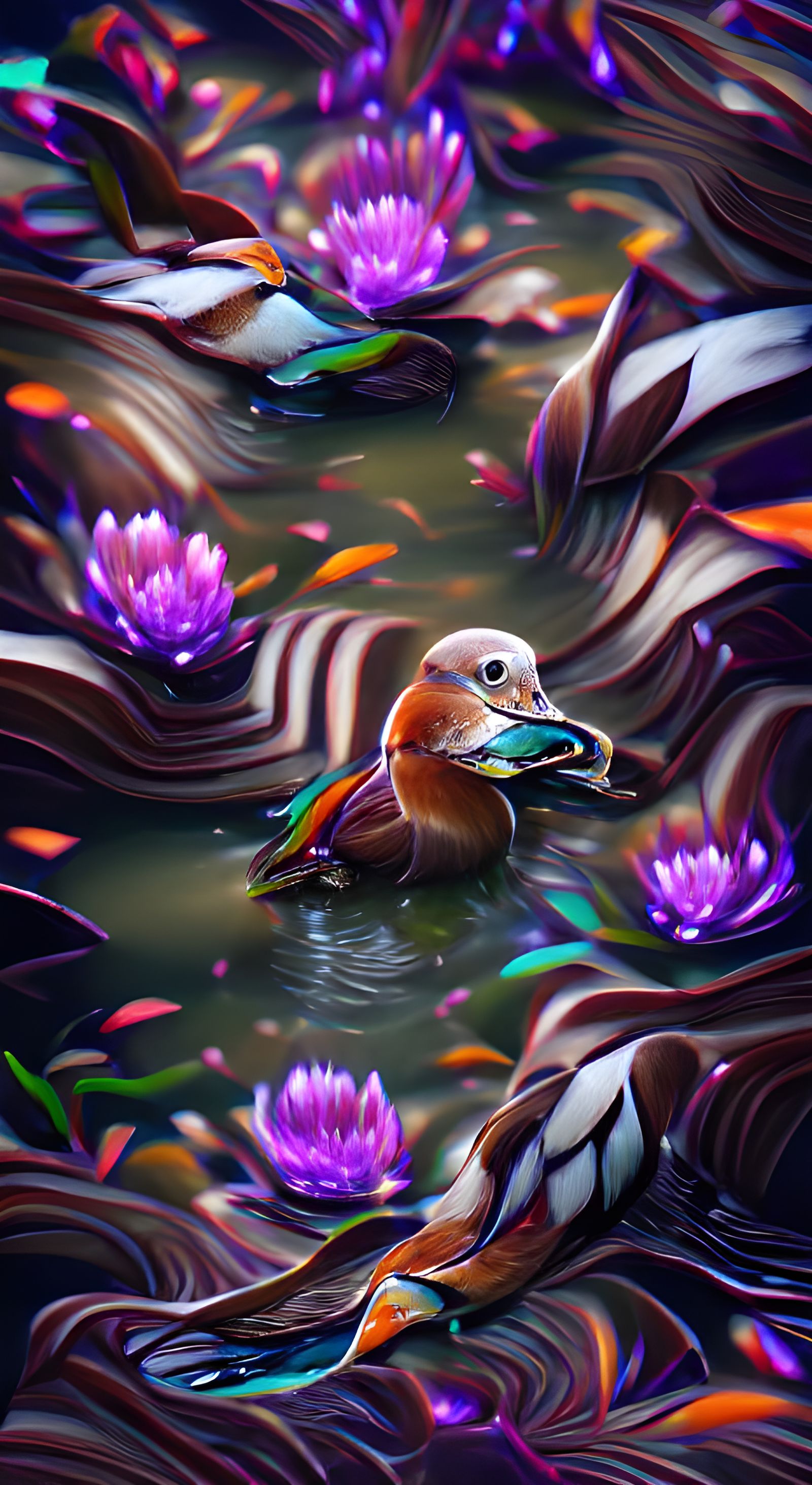 Mandarin Ducks in Lily Pond, Iridescent Digital Art