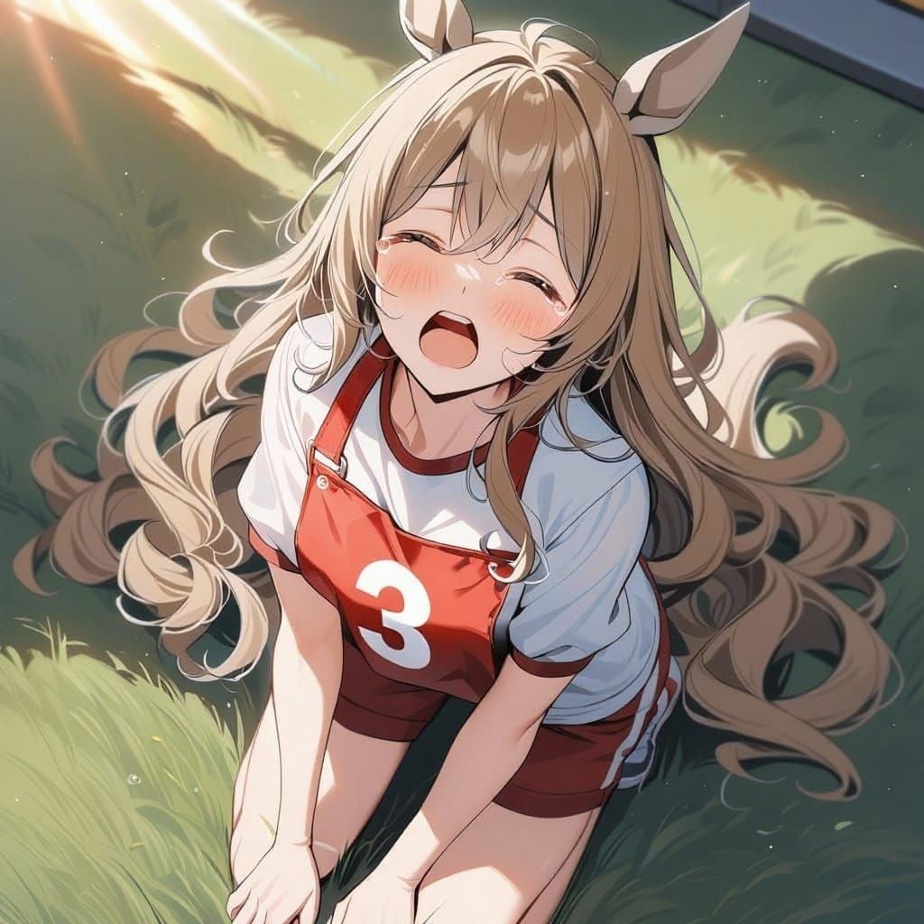 Horse-Girl Kneeling on Turf with Tears