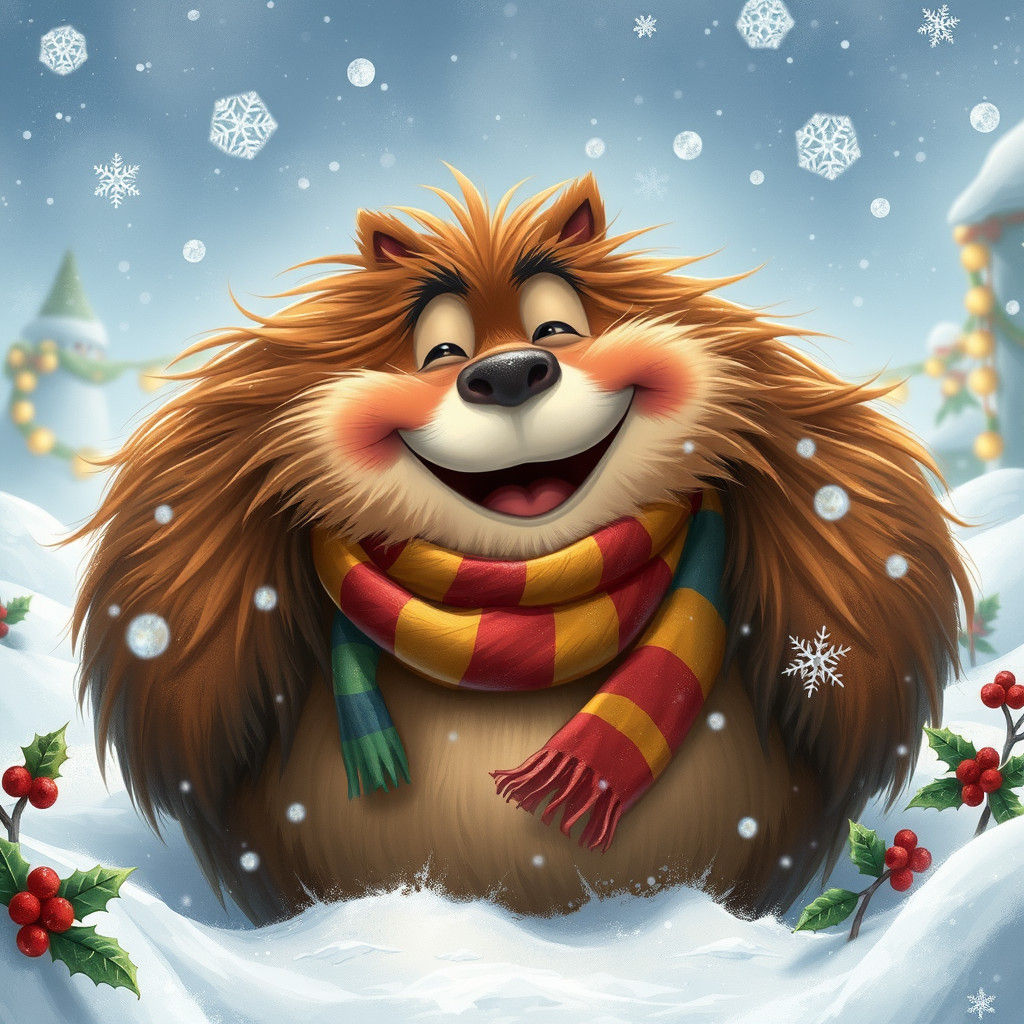 Whimsical Winter Wonderland with Joyful Feline Friend