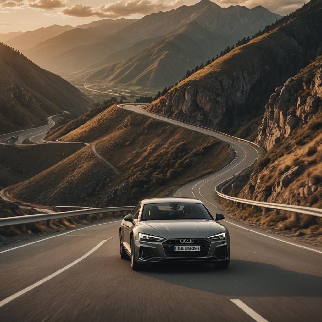 Audi Races Down Mountain Road at Sunset