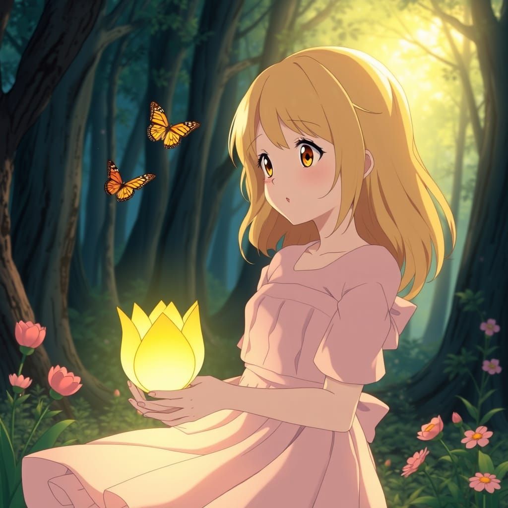Anime Girl Finds Fairytale Forest with Butterfly