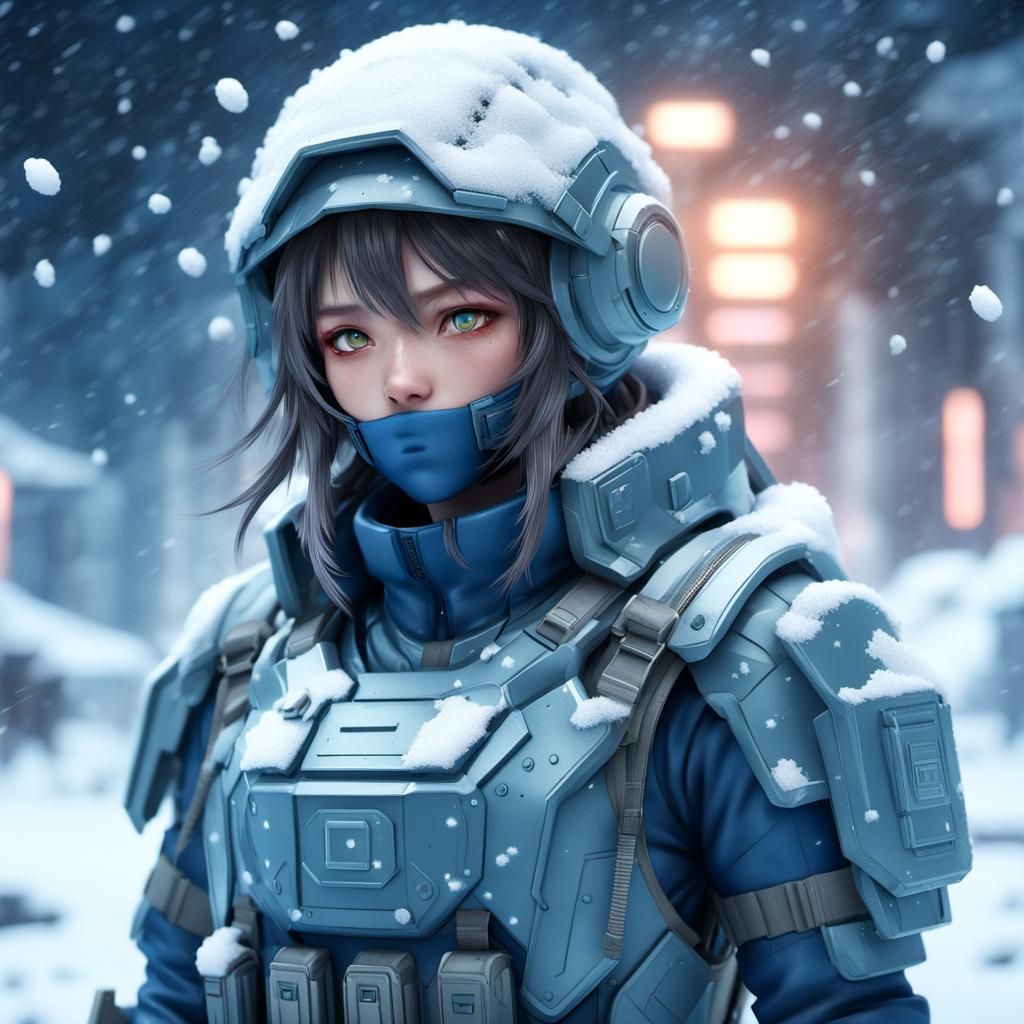 Aesthetic Sci-Fi Soldier Anime Girl in Snowy Warfare