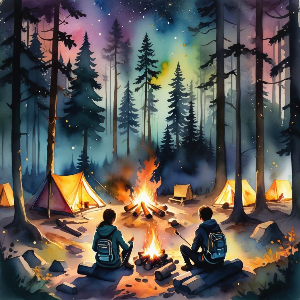 Whimsical Watercolor Campfire in Forest at Night