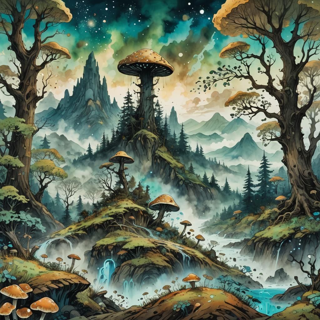 Mystical Ink Splatter Forest Landscape