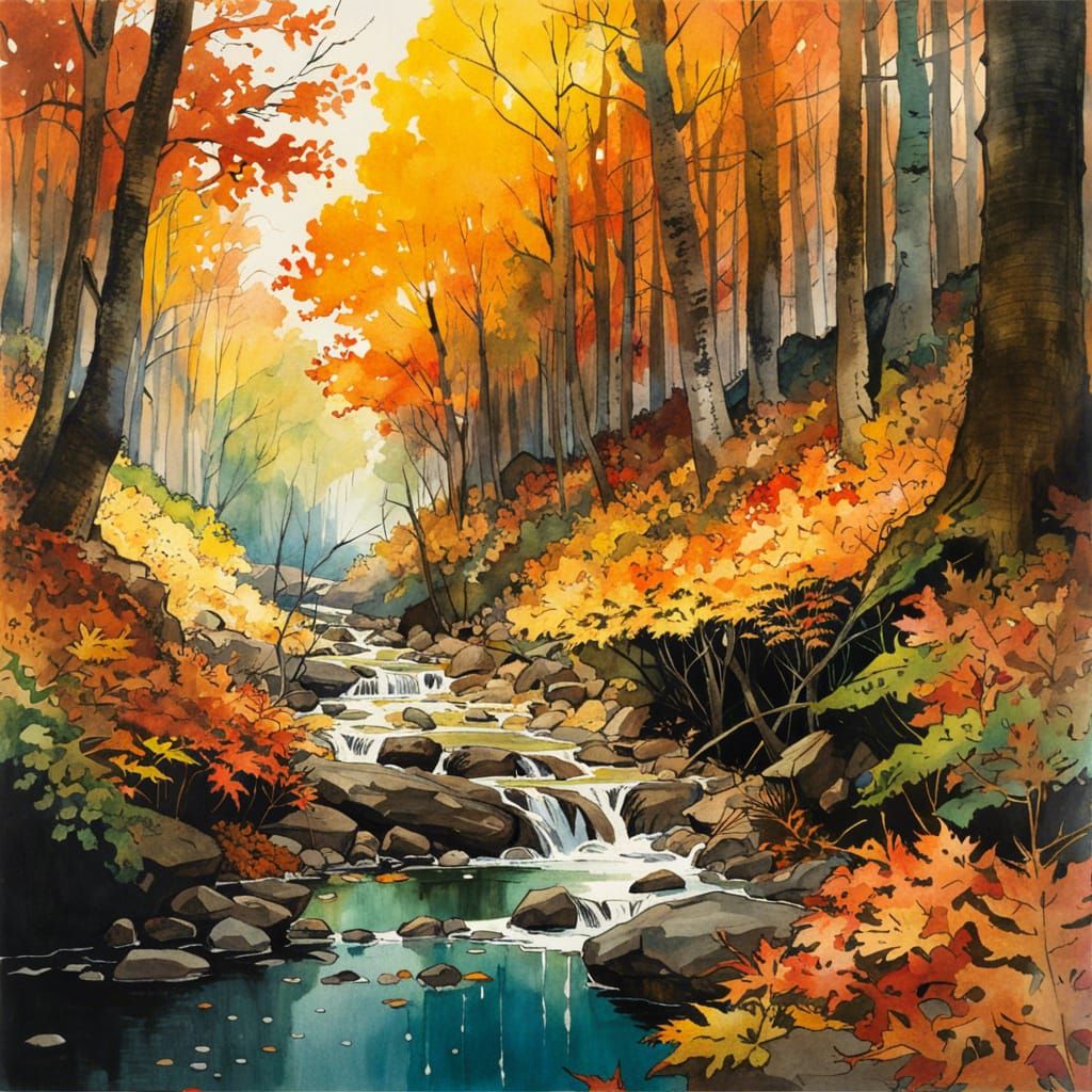 Autumn Leaves Float Down Forest Creek: Watercolour