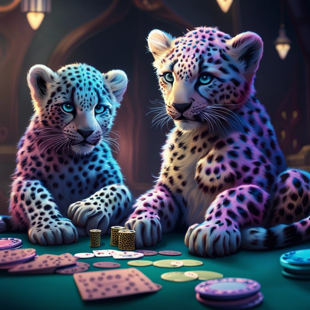 Pastel Leopard Cubs Play Poker: Detailed Matte Painting