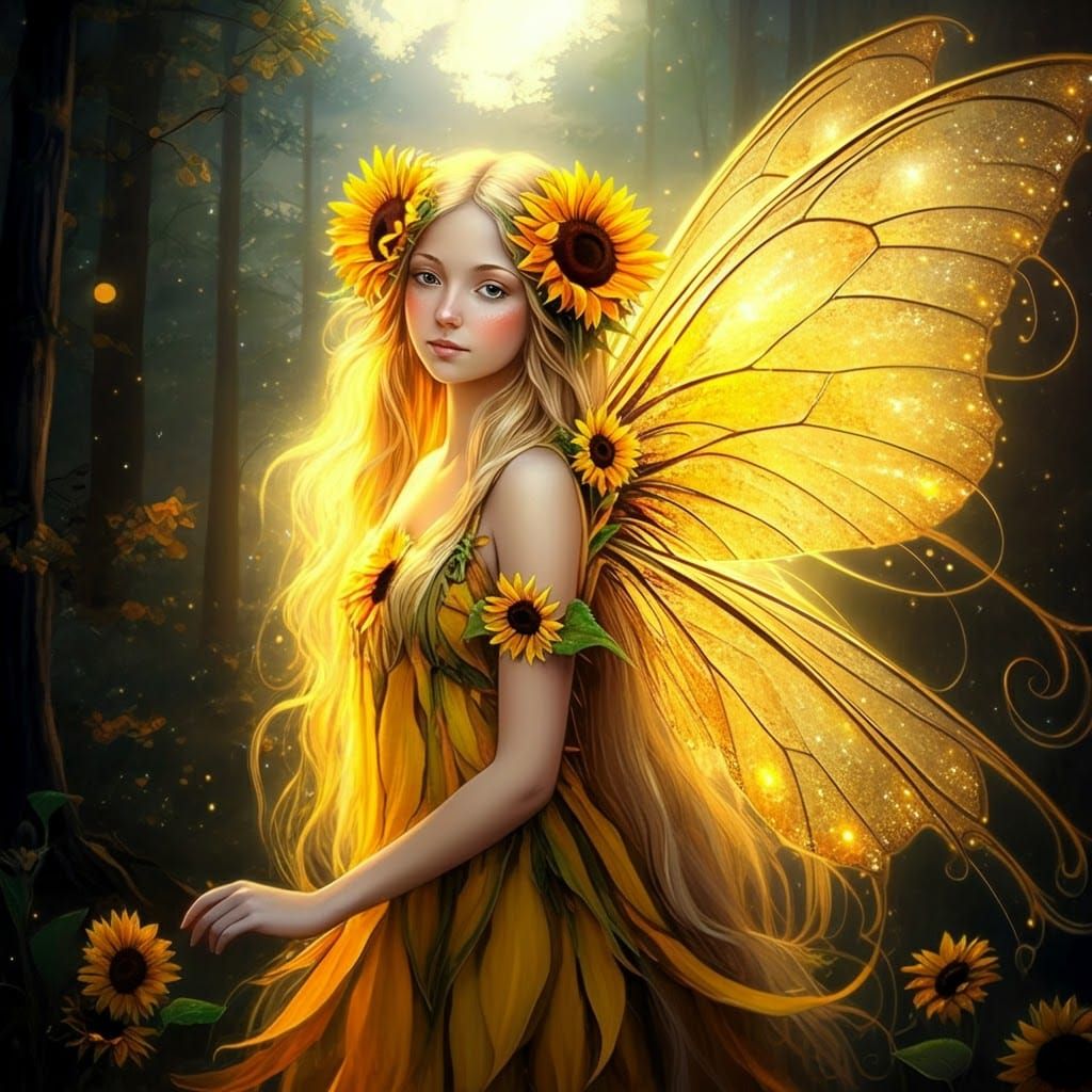 Luminous Sunflower Fairy in Mystical Forest