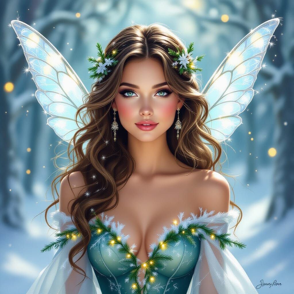 Glamorous Christmas Fairy Woman in Detailed Painting