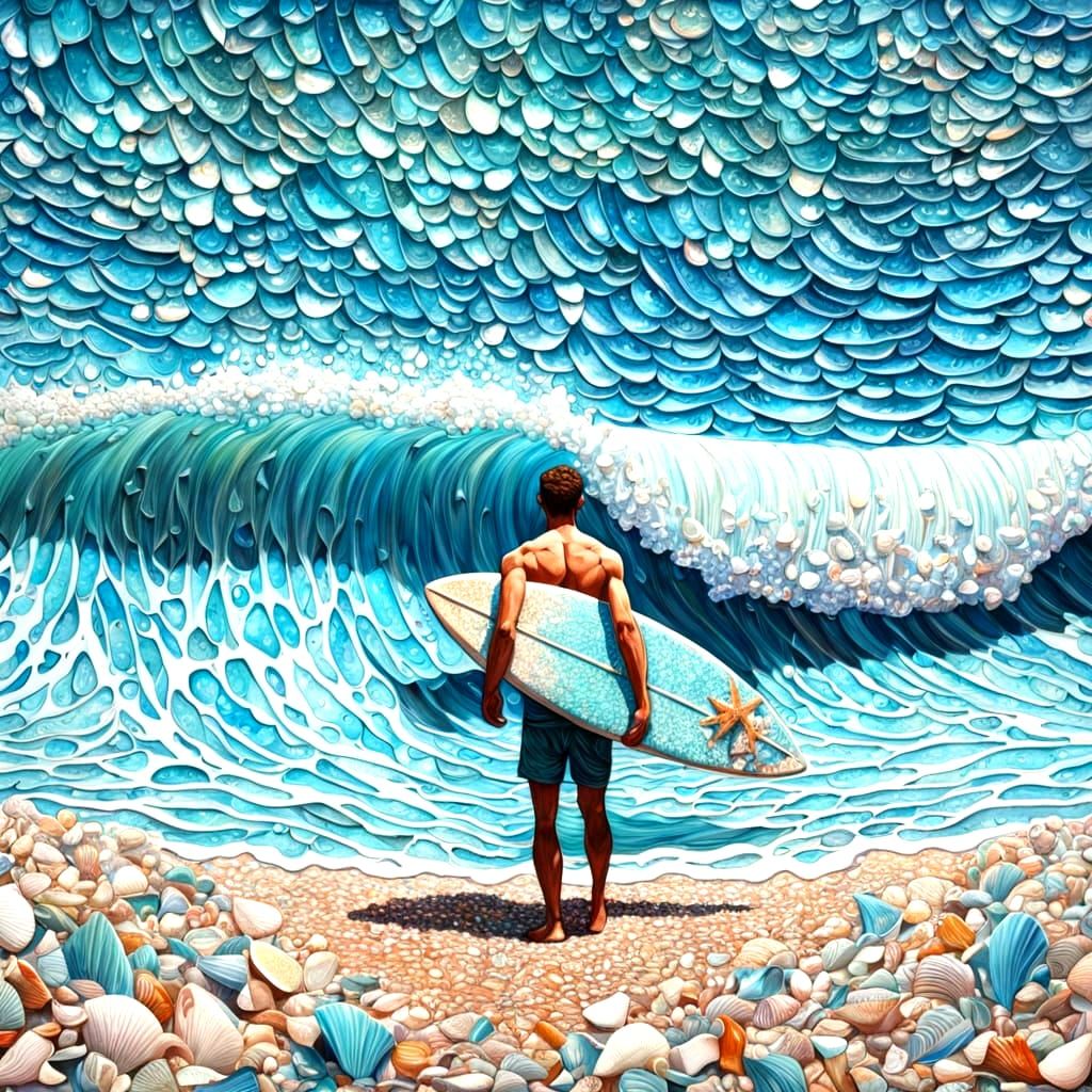 Vibrant Pointillism Surf Scene with Shells and Glass