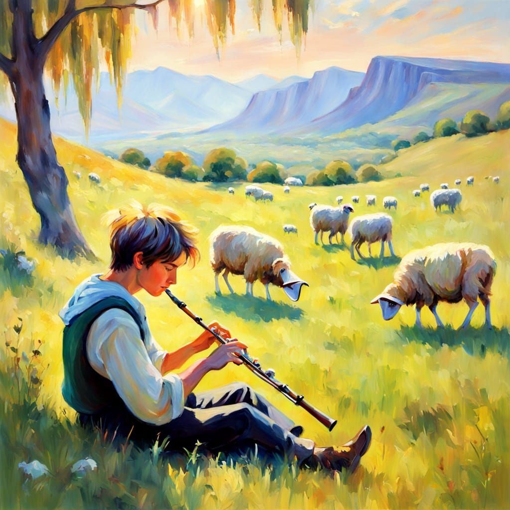 Shepherd Boy Playing Flute by Cliff in Impressionist Style