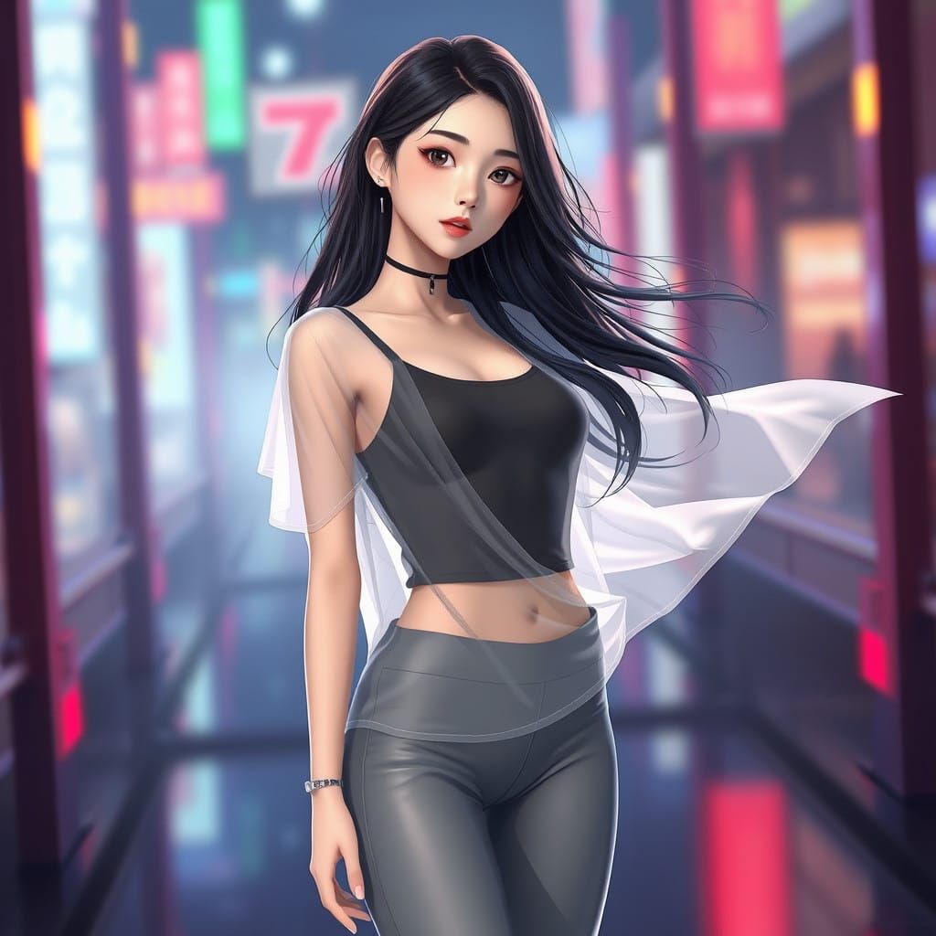 Korean Anime-Inspired Teenage Girl in Futuristic Attire