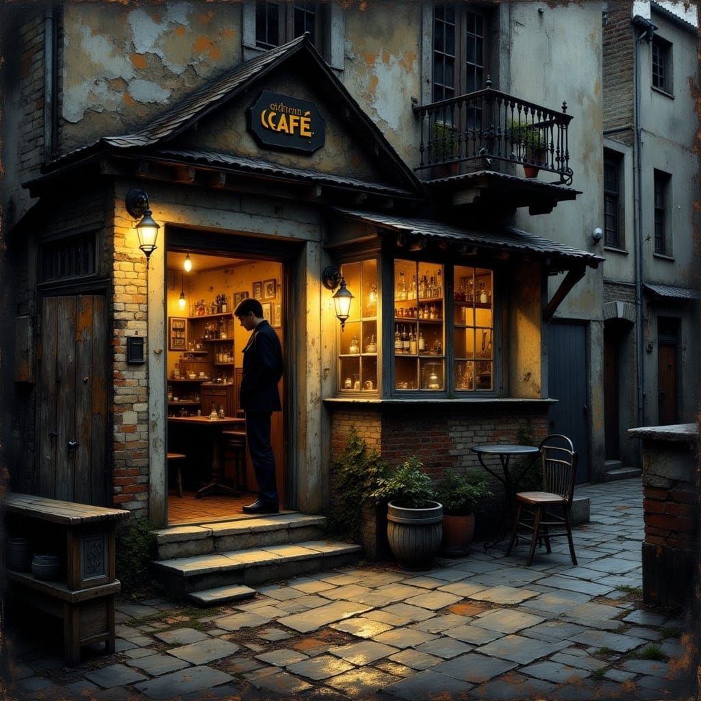 Gaslit Alley Café in 1800s Cobblestone Street