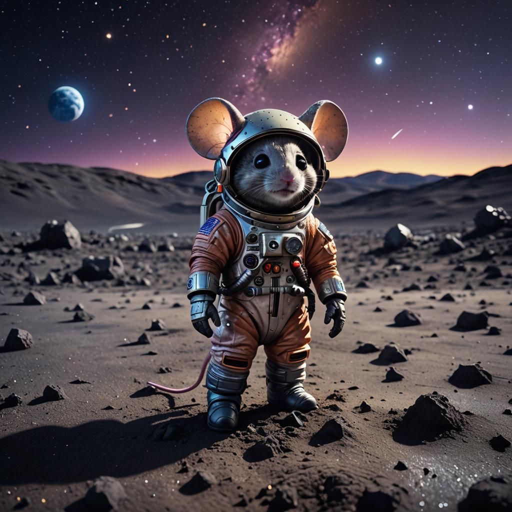 Chibi Mouse Astronaut on Moon in Hyper-Realistic Photo