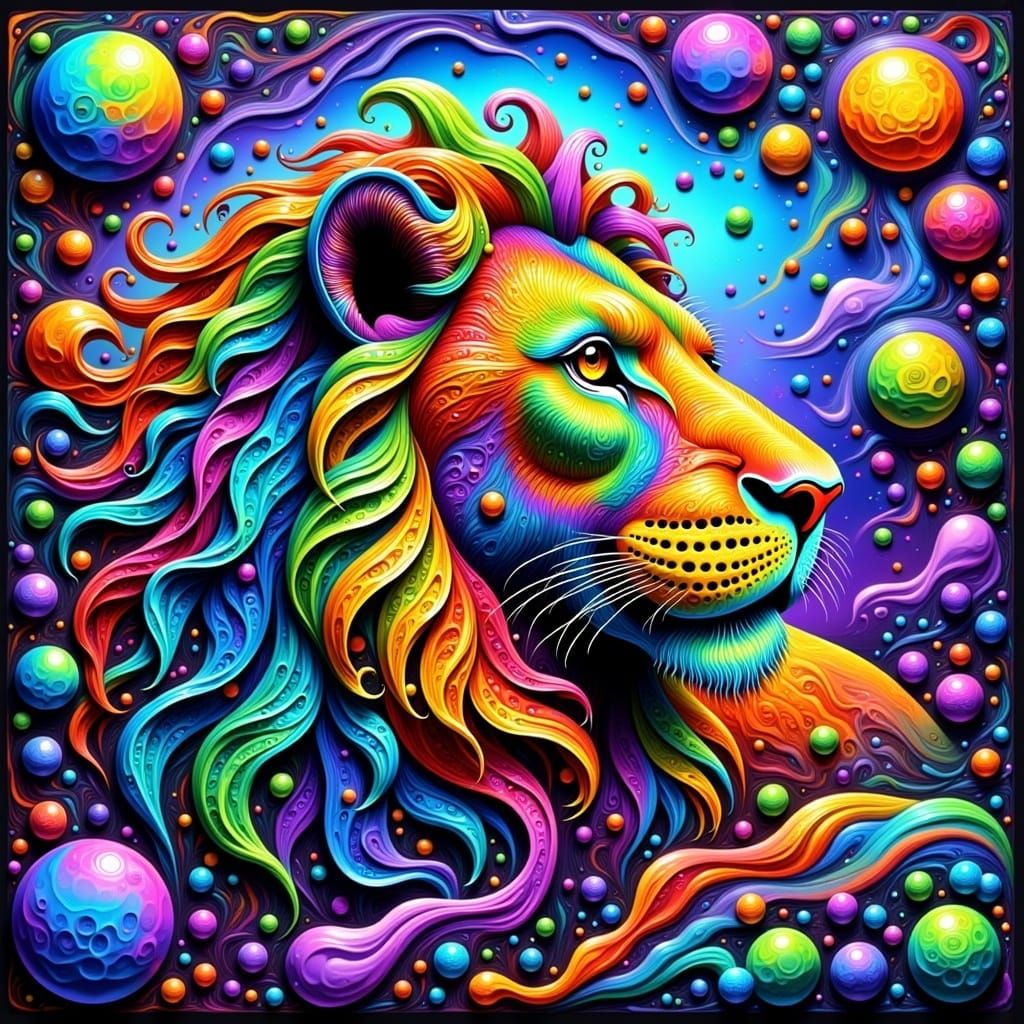 Vibrant Rainbow Lion in Psychedelic Dreamscapes