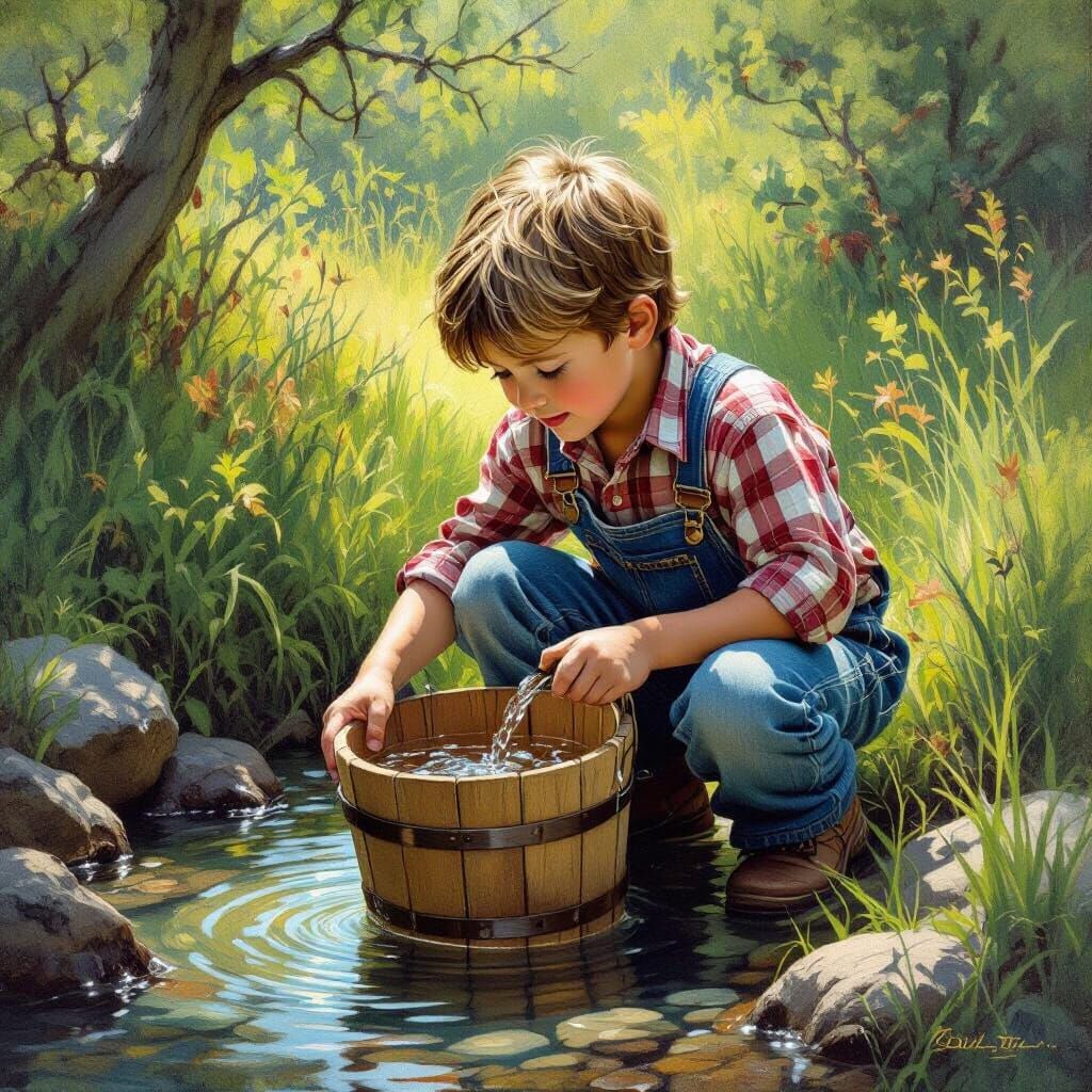 Boy Gathers Spring Water in Realist Style