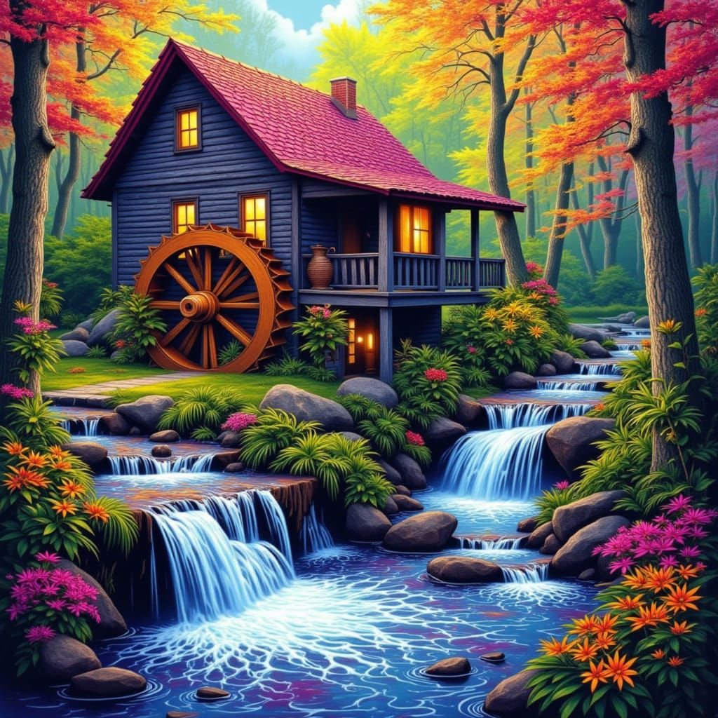 Rustic Waterwheel Scene in Graffiti Art Style