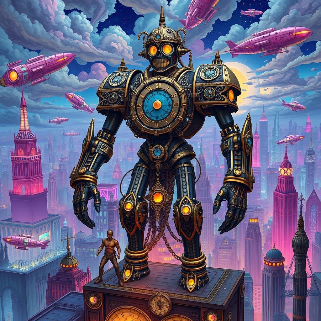 Clockwork Golem Over Steampunk Metropolis in Neon Acryl-Colo...