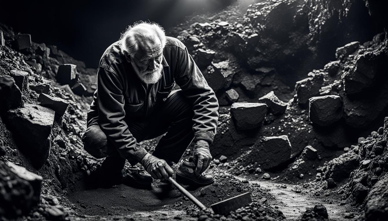 Monochrome Side View: Old Miner in Gold Mine