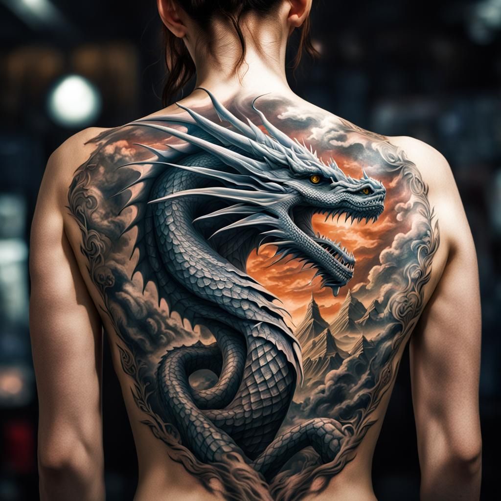 Hyperrealistic White Dragon Tattoo on Woman's Back