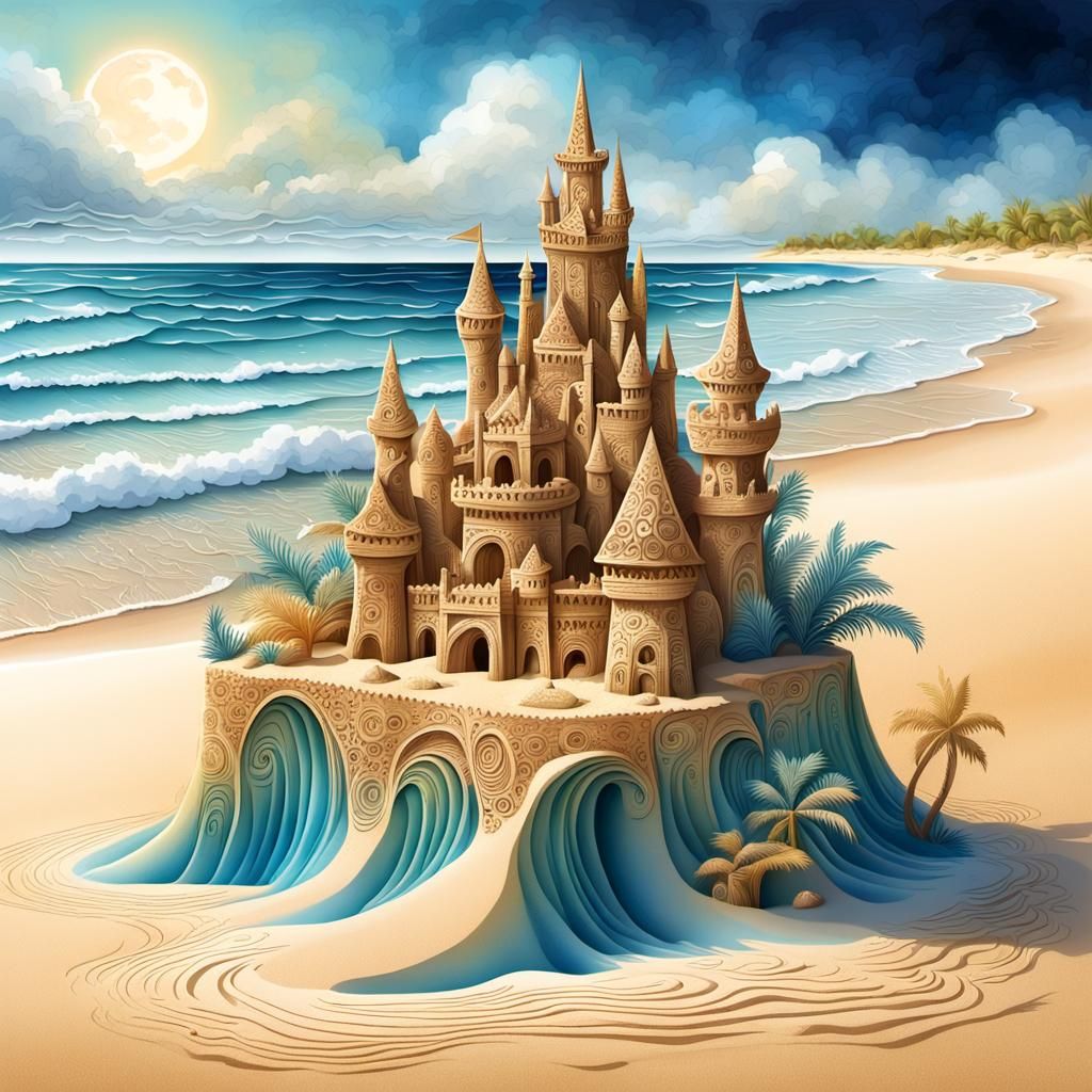 Detailed Sand Castle with Fractal Clouds