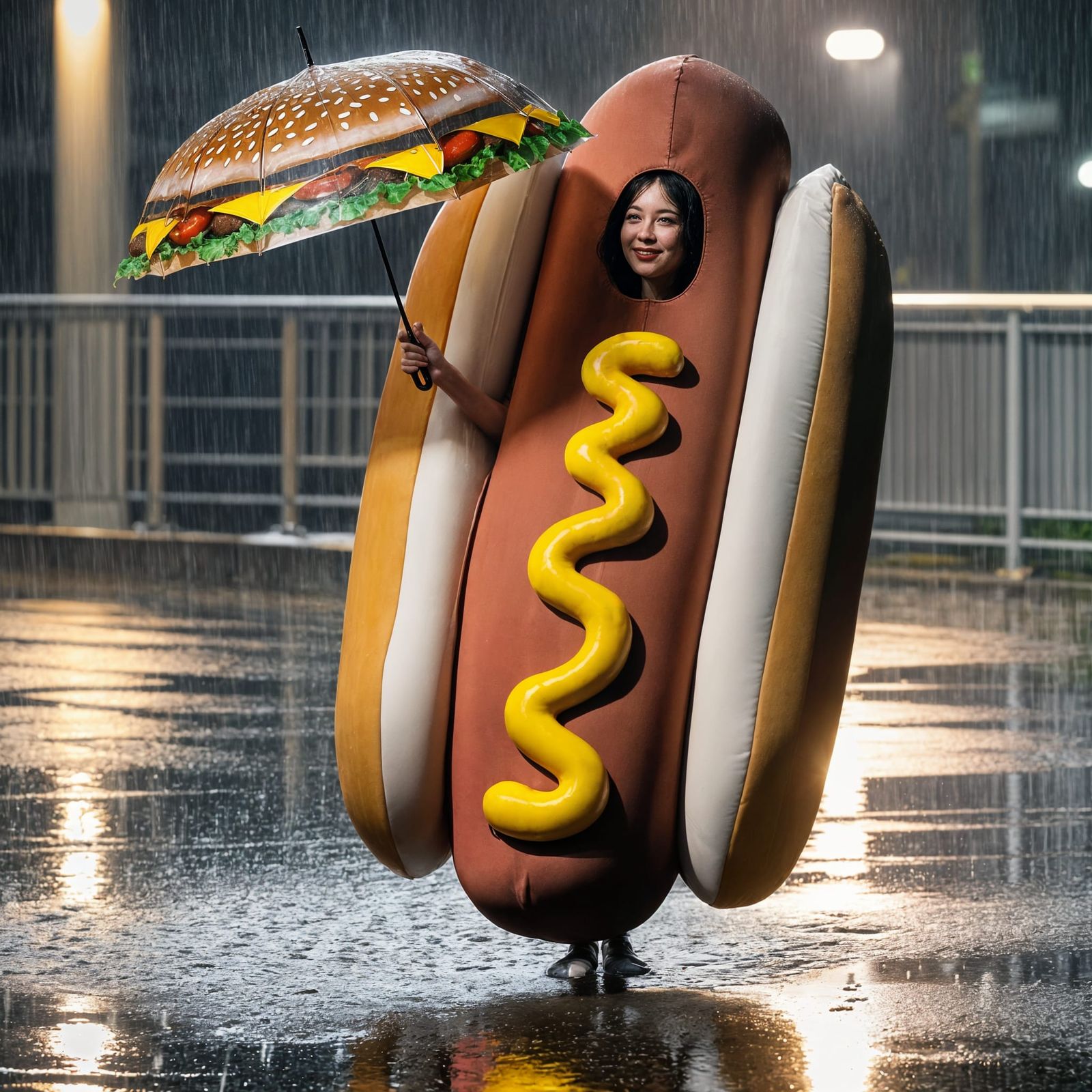 Humorous Hot Dog Costume in Rainy Evening Scene