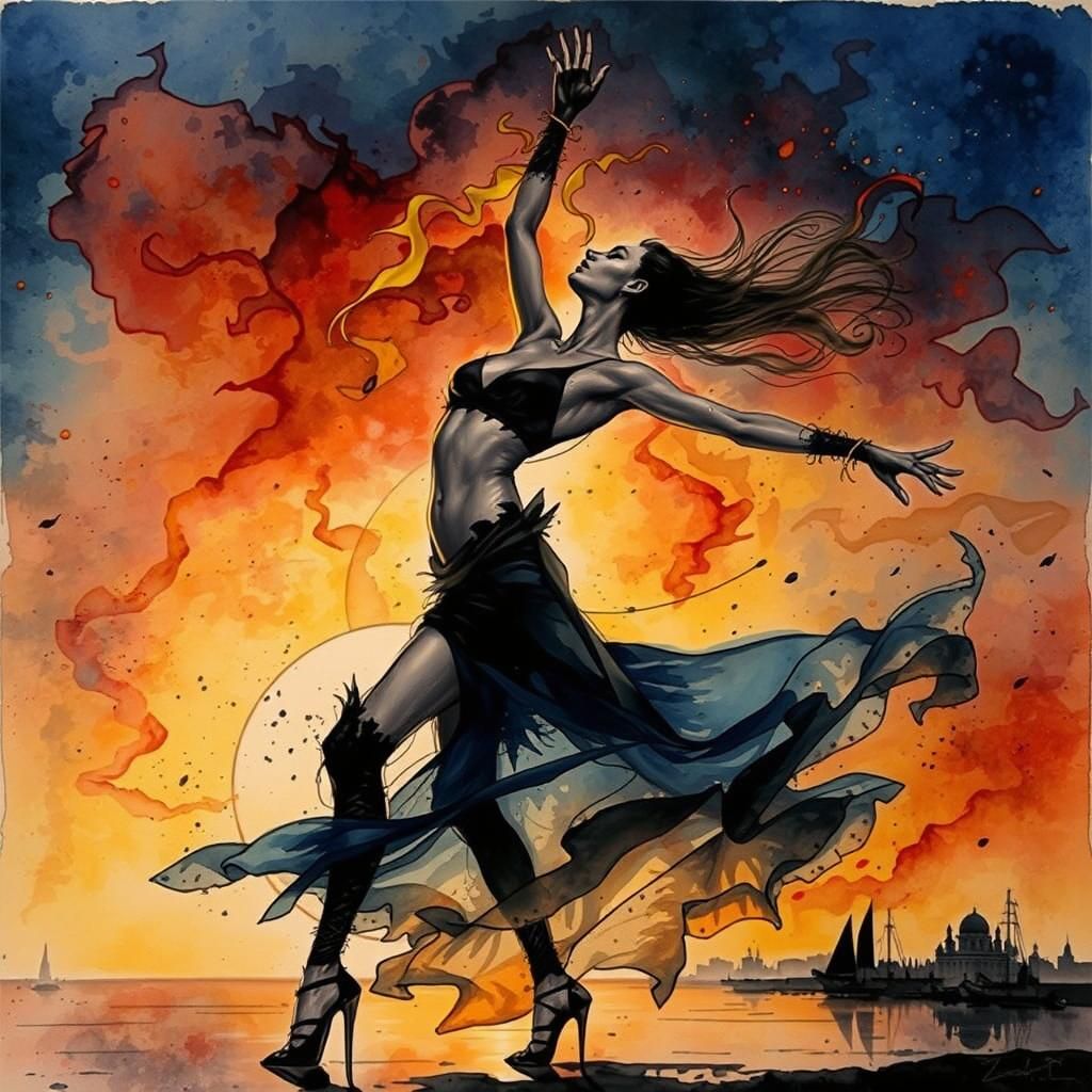 Sunset Dance in Flames: Surreal Watercolor Ink Art