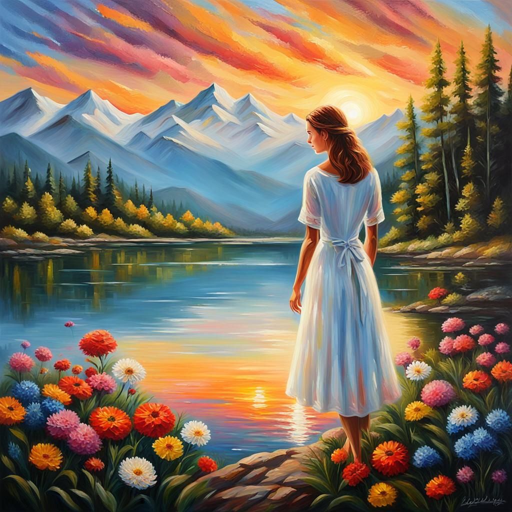Knife Stroke Oil Painting: Lady by a Lake