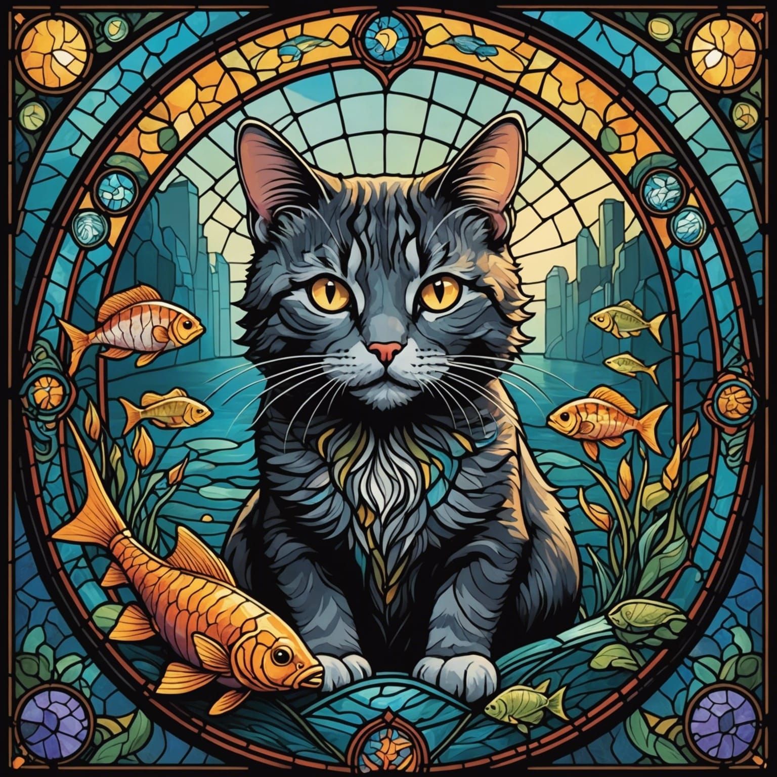 Cat Amongst Fish and Mice in Stained Glass Style