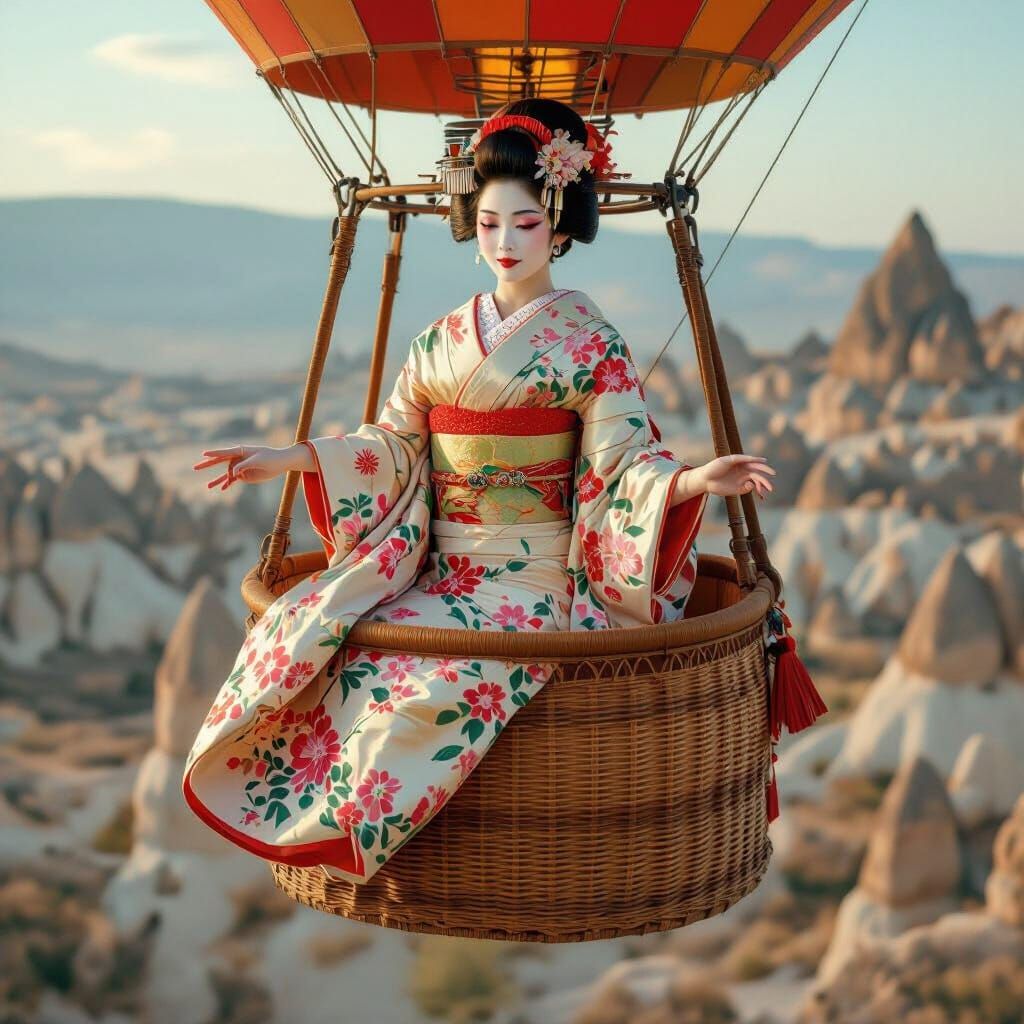 Geisha Dances in Cappadocia Hot Air Balloon, Art Nouveau