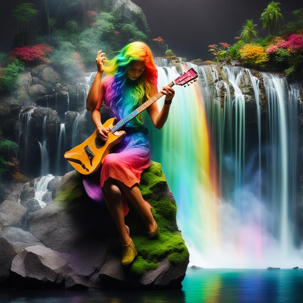 Woman Playing Guitar by Rainbow Waterfall